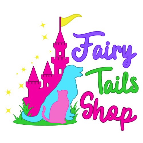 Main Logo for Fairy Tails Shop and FairyTailsShop.com in candy colors showing a hot pink castle behind a vibrant blue silhouette of a golden retriever dog and hot pink silhouette of a short haired cat; Fairy Tails Shop is an authorized dealer and distributor of dog show and cat show products including Best In Show Trolleys Dog Show and Cat Show trolleys, grooming tack boxes, crates and more.